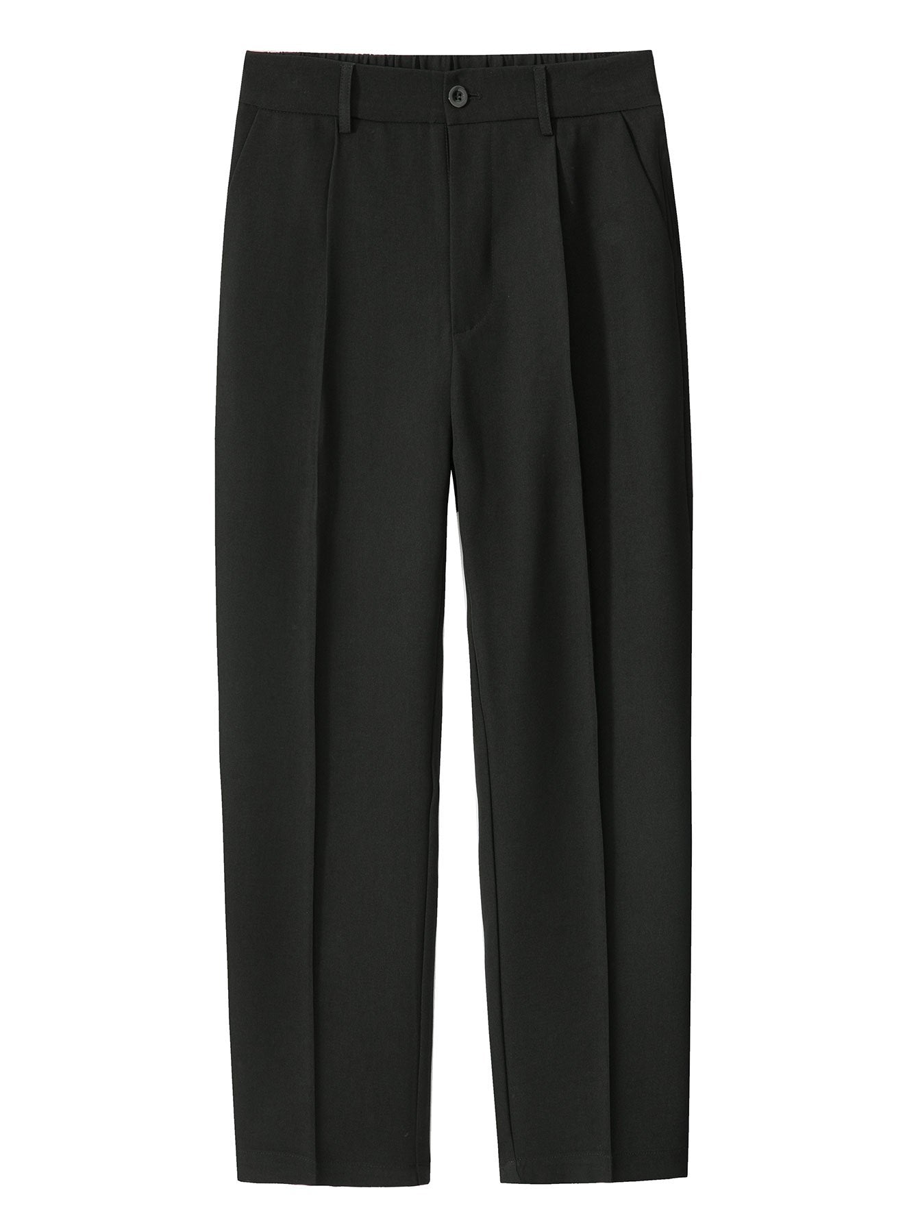 Pantalón recto relajado negro, vista frontal: cintura con trabillas y pierna amplia.