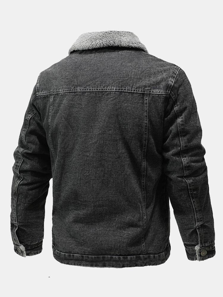 Cazadora vaquera gris con forro teddy en el cuello y costuras traseras visibles