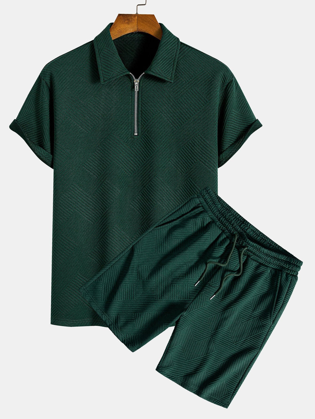 Conjunto de polo con cremallera y pantalón corto jacquard a rayas, verde