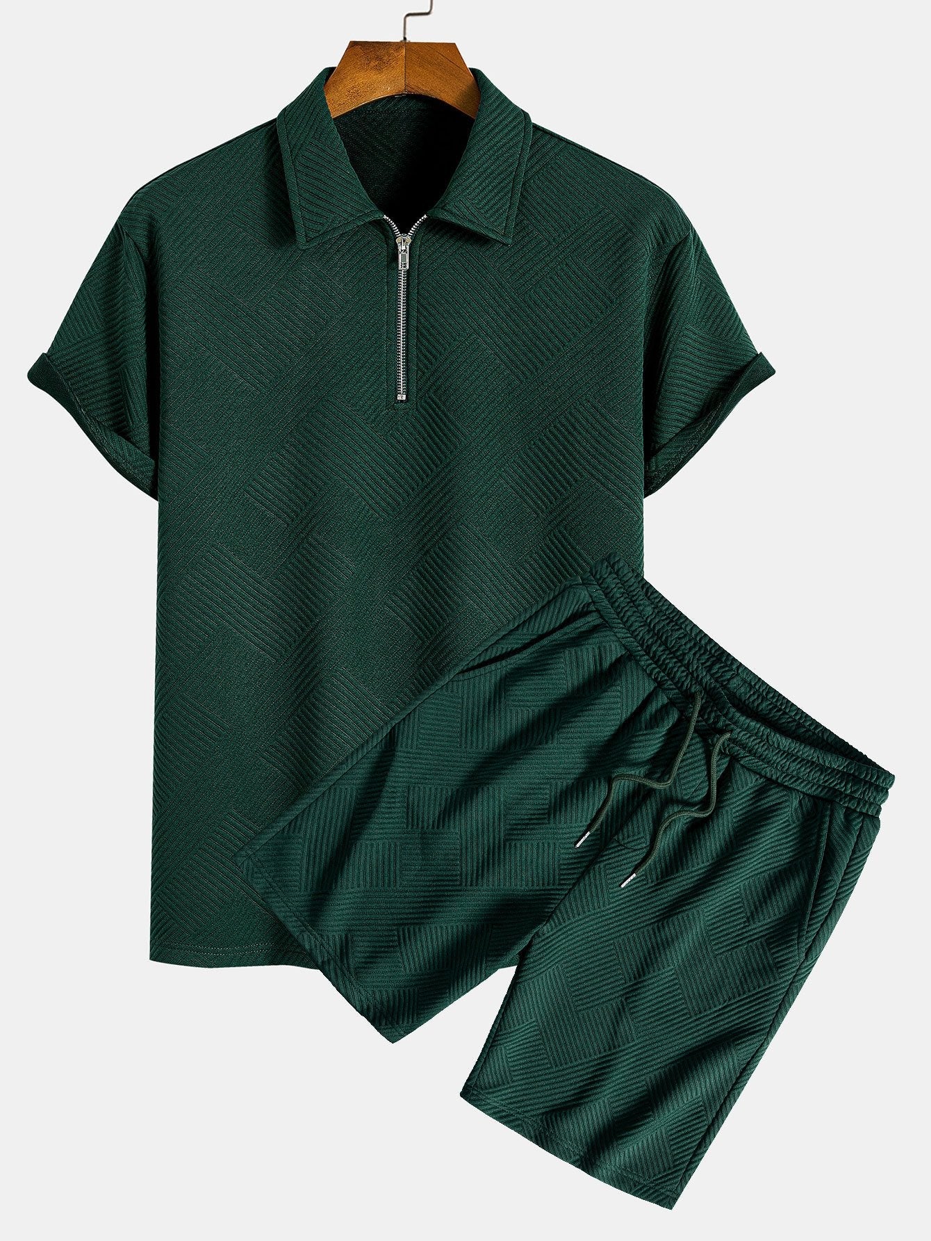 Conjunto de polo con cremallera y pantalón corto jacquard a rayas, verde