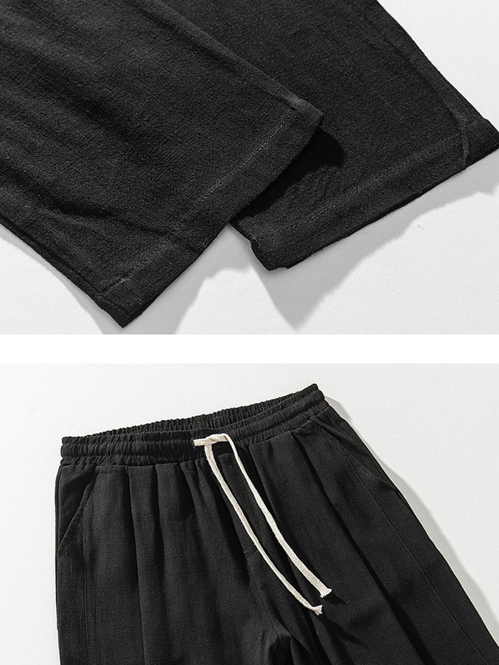 Pantalón harem de lino y algodón negro, vista de tela y dobladillo