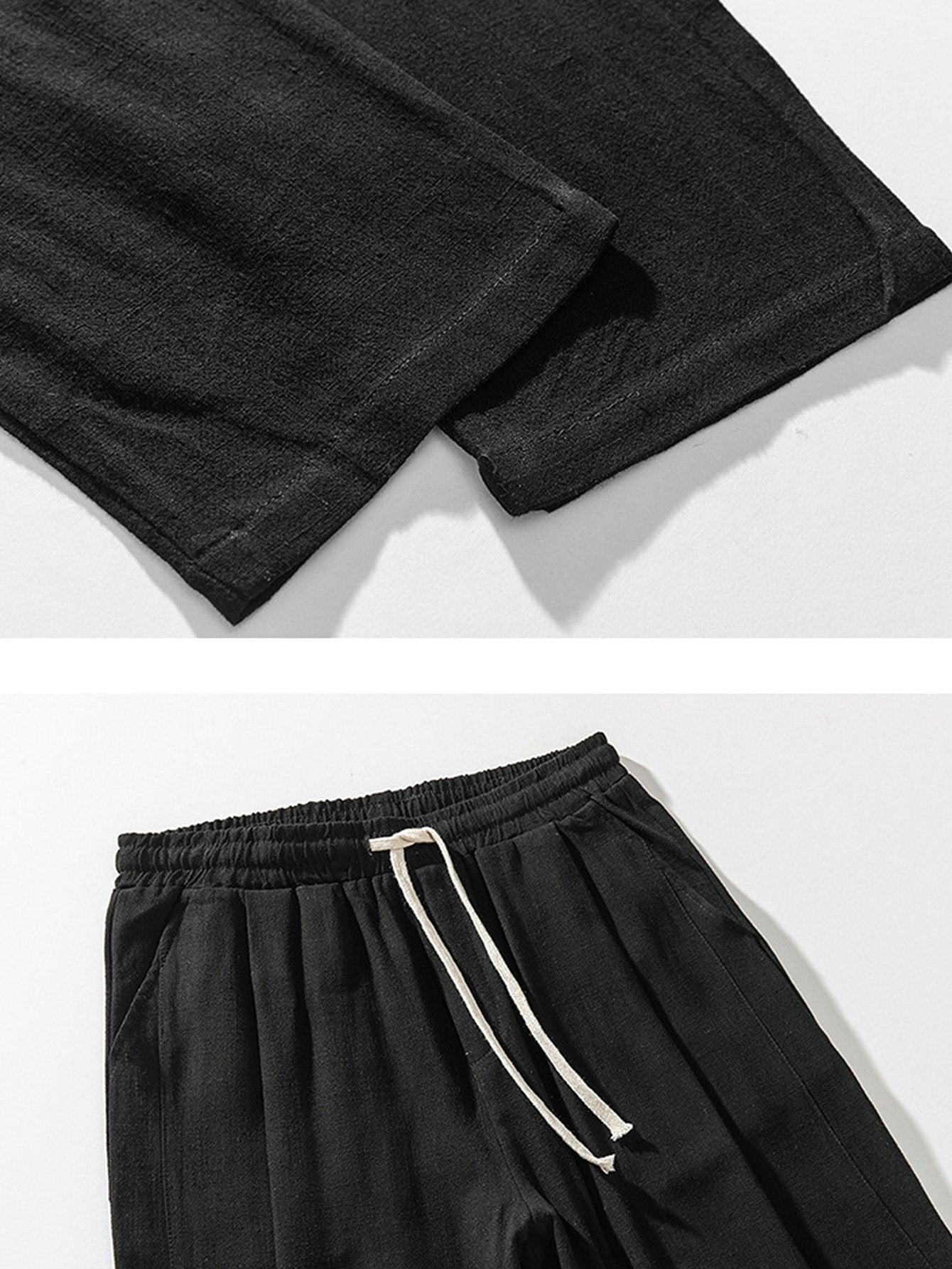Pantalón harem de lino y algodón negro, vista de tela y dobladillo