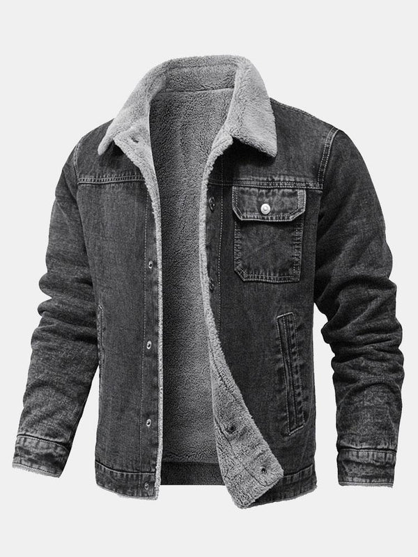 Cazadora vaquera con forro teddy gris, cuello cálido y bolsillos con botones
