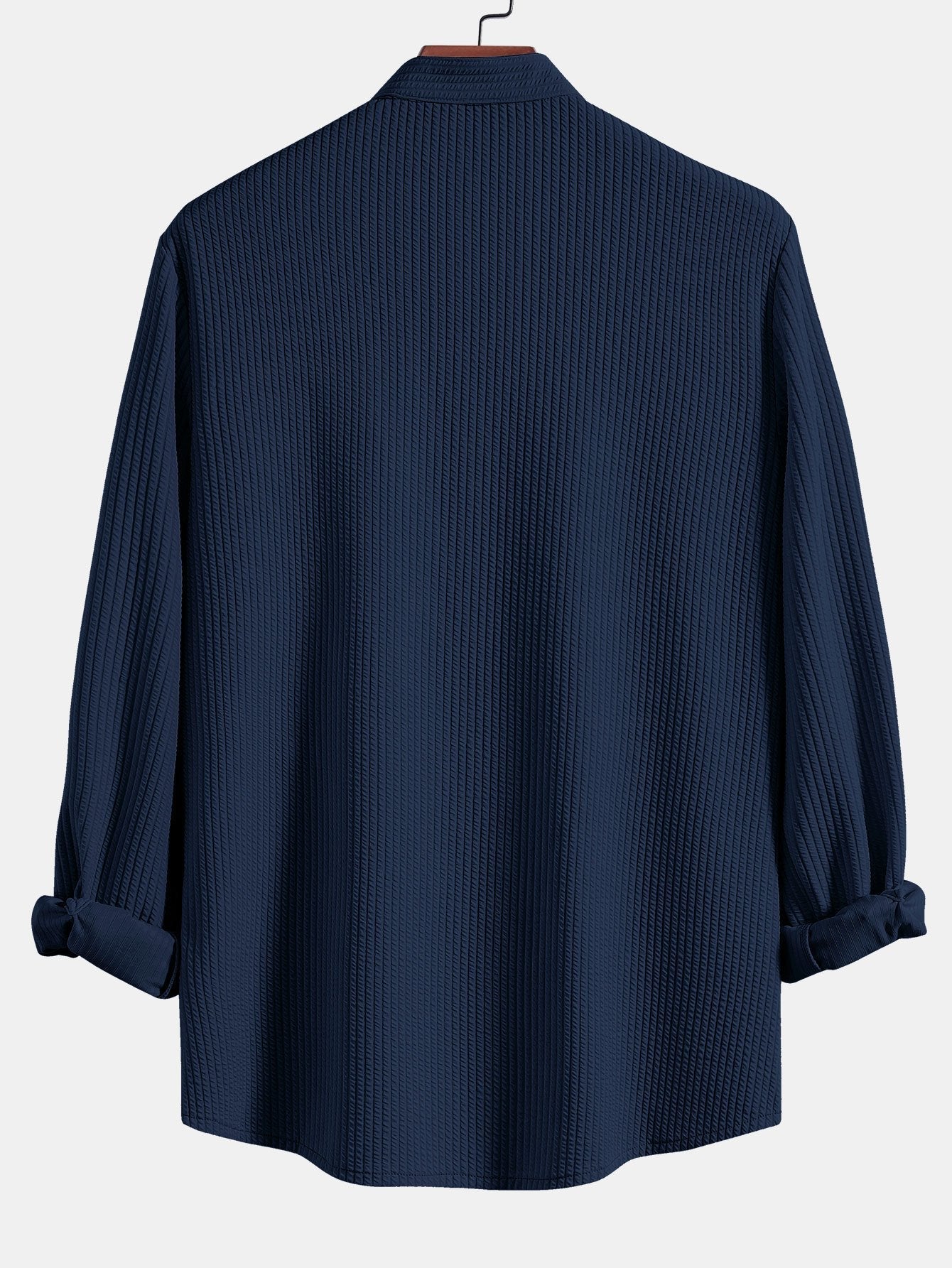 Camisa de manga larga acanalada azul marino, cuello de pie, vista trasera