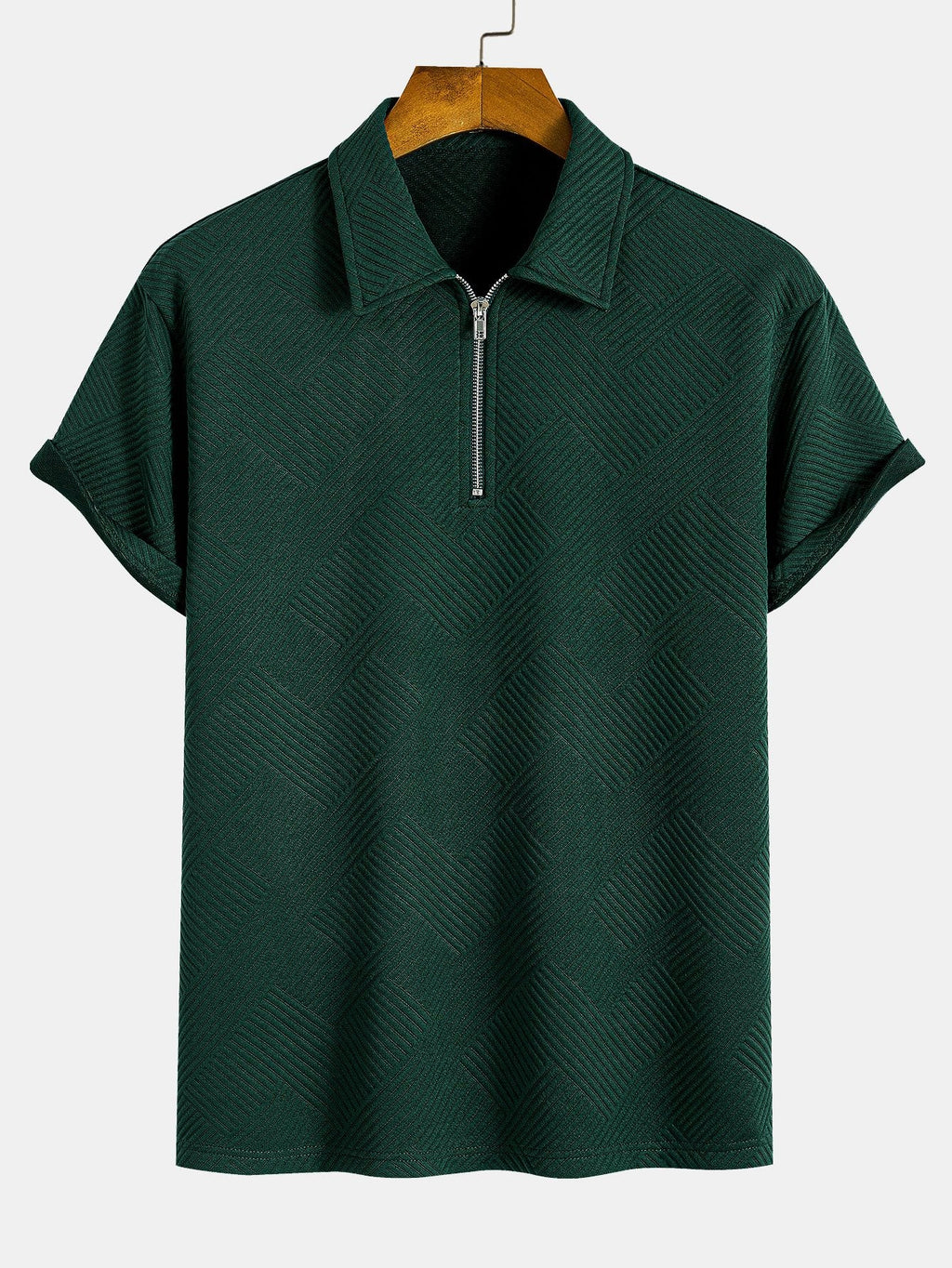 Polo con cremallera, tejido jacquard a rayas, verde oscuro