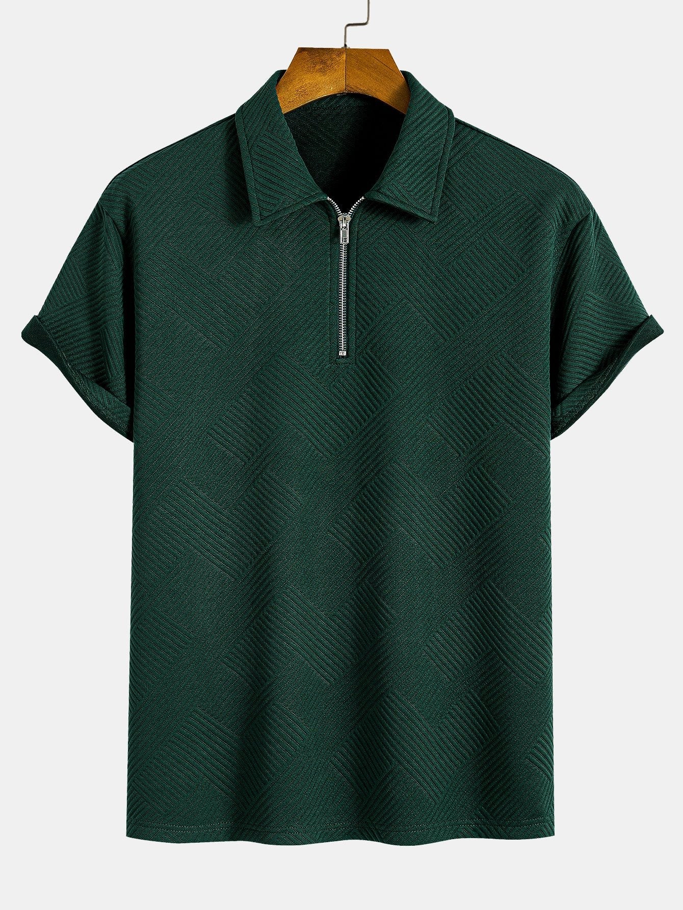 Polo con cremallera, tejido jacquard a rayas, verde oscuro