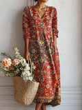 Vestido largo bohemio multicolor con estampado paisley, escote en V y manga 3/4