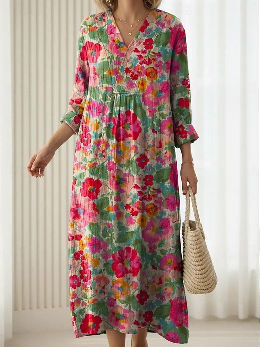 Vestido largo bohemio de tela estampada floral multicolor con escote en V y manga larga abullonada