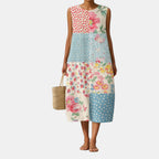 Vestido midi sin mangas multicolor con flores y lunares, hasta media pierna