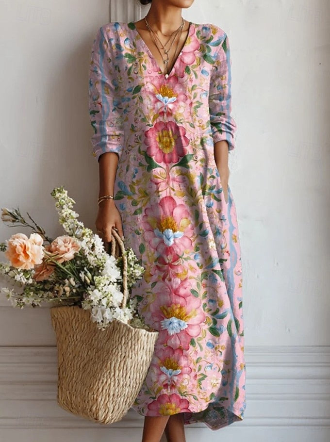Vestido largo bohemio de manga larga con estampado floral multicolor y cuello en V