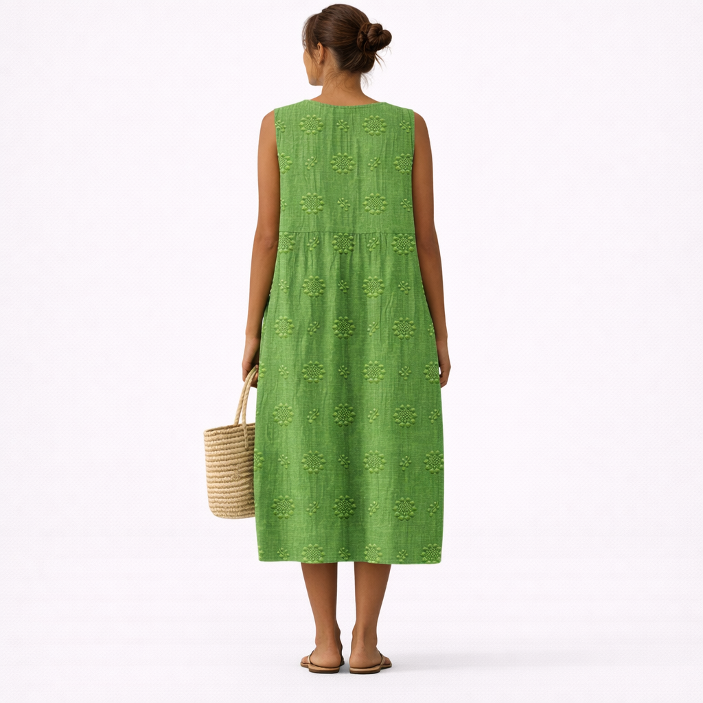 Vestido midi verde sin mangas con estampado floral; vista trasera
