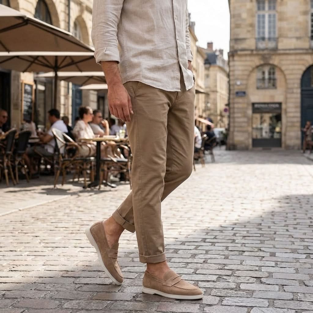 Mocasines PENNY para hombre marrón con pantalón beige, suela blanca