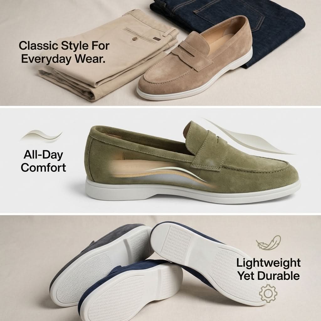 Mocasín de hombre de ante color beige, con tira cruzada y suela blanca.