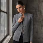 Chaqueta texturizada gris con botones en fila y solapas, look cruzado abierto
