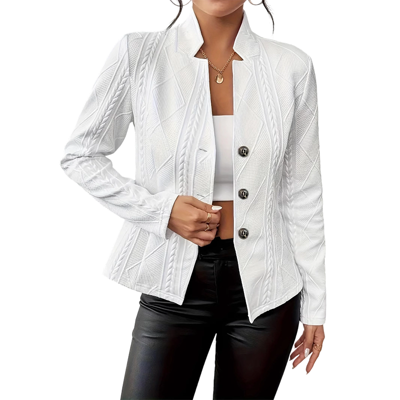 Chaqueta texturizada blanca con botones frontales y solapas, relieve geométrico