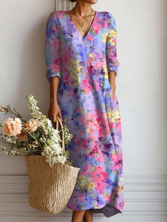 Vestido largo bohemio multicolor con escote en V y mangas tres cuartos