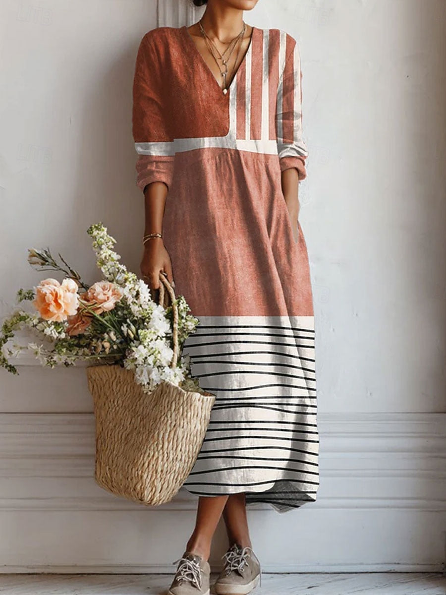 Vestido largo bohemio de algodón con bloques color terracota y blanco/negro a rayas