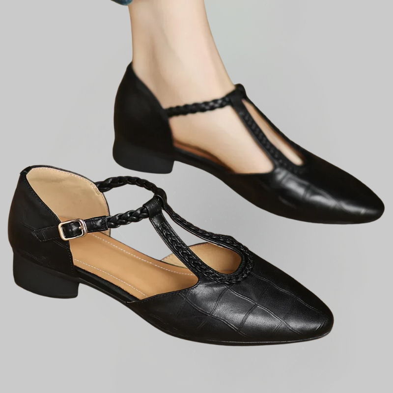 Zapatos de tacón bajo negros con punta cerrada y correa trenzada ajustable con hebilla