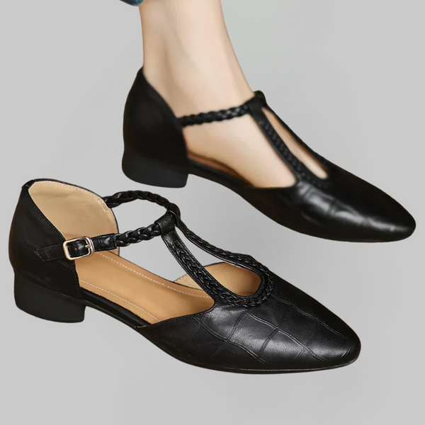 Zapatos de tacón bajo negros con punta cerrada y correa trenzada ajustable con hebilla